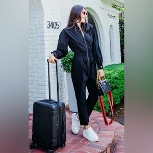 Karlie Black Zip Front Utility Jumpsuit S Athleisure Travel One Piece Stretch